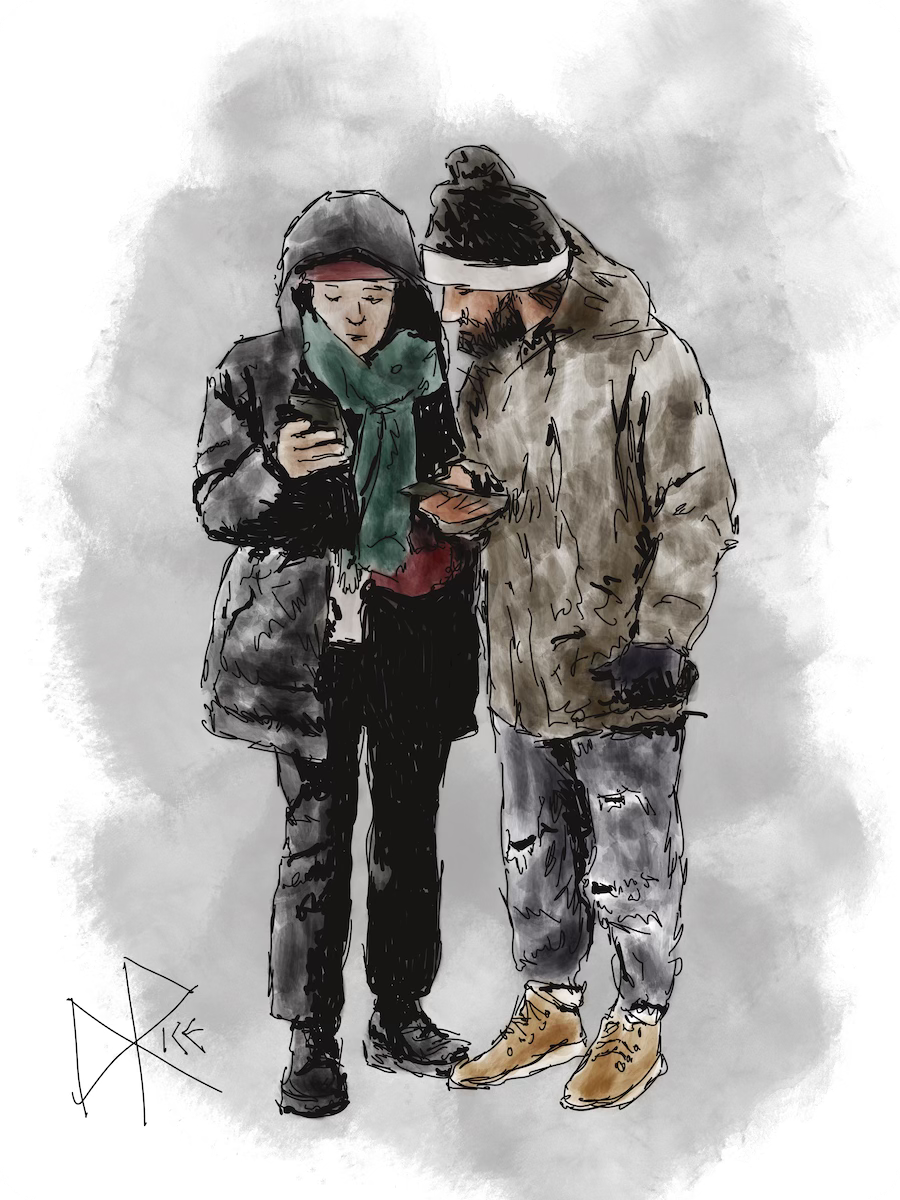 Two people in winter gear, each with one bare hand as they use their phones. Sketch art by Don Rice.