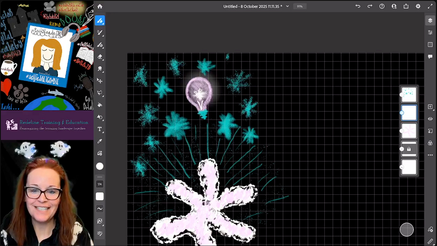 The sketchnote-in-process, from this week's "Inktober Ideation Lab" livestream, showing a visual story of the creative process with icons of a starfish, sparks, and a lightbulb, created by Georgina Dean, using Adobe Fresco.