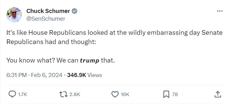 It's like House Republicans looked at the wildly embarrassing day Senate Republicans had and thought: You know what? We can 𝙩𝙧𝙪𝙢𝙥 that. It's like House Republicans looked at the wildly embarrassing day Senate Republicans had and thought: You know what? We can 𝙩𝙧𝙪𝙢𝙥 that.
