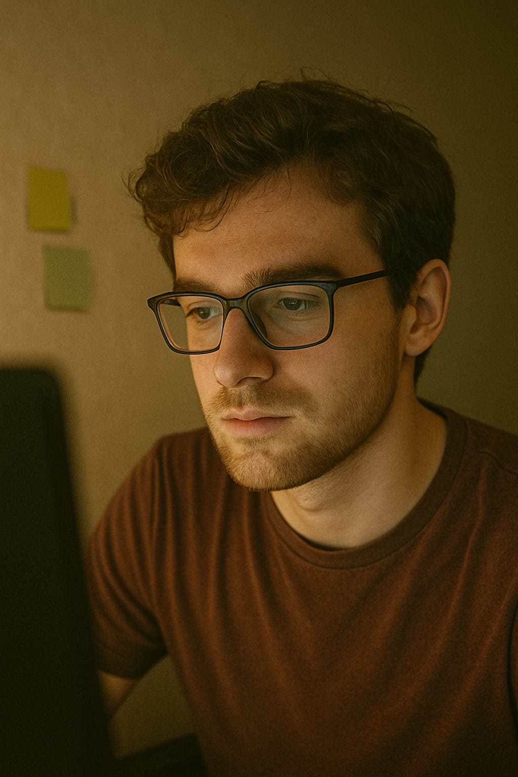 Eli looking at his screen, the glow reflected in his glasses