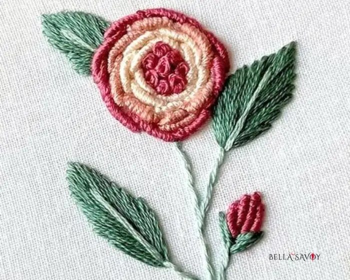 rose embroidery stitched with the bullion stitch