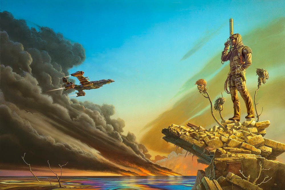 Leon Miller stands on a mound of broken concrete blocks as he surveys the oil covered expanse of Ocean known as the Slicks. The Screamer—a multiengine military aircraft—streaks past a sweeping gray plume of smoke that trails off panel left, originating at a crash that is still burning just over the horizon. Miller is wearing combat fatigues. He holds an EM weapon that resembles a slim bazooka pointed straight up. His hood is drawn up and he's wearing polarized shades. A spiral of red wire runs down from the strap of his pack and around to his back. A coil of rope hangs from his other hip. Set on jagged branch pikes, three heads of mutants—presumably his bounties—stick up from the rubble, casting gristly gazes in different directions. Leon Miller stands on a mound of broken concrete blocks as he surveys the oil covered expanse of Ocean known as the Slicks. The Screamer—a multiengine military aircraft—streaks past a sweeping gray plume of smoke that trails off panel left, originating at a crash that is still burning just over the horizon. Miller is wearing combat fatigues. He holds an EM weapon that resembles a slim bazooka pointed straight up. His hood is drawn up and he's wearing polarized shades. A spiral of red wire runs down from the strap of his pack and around to his back. A coil of rope hangs from his other hip. Set on jagged branch pikes, three heads of mutants—presumably his bounties—stick up from the rubble, casting gristly gazes in different directions.