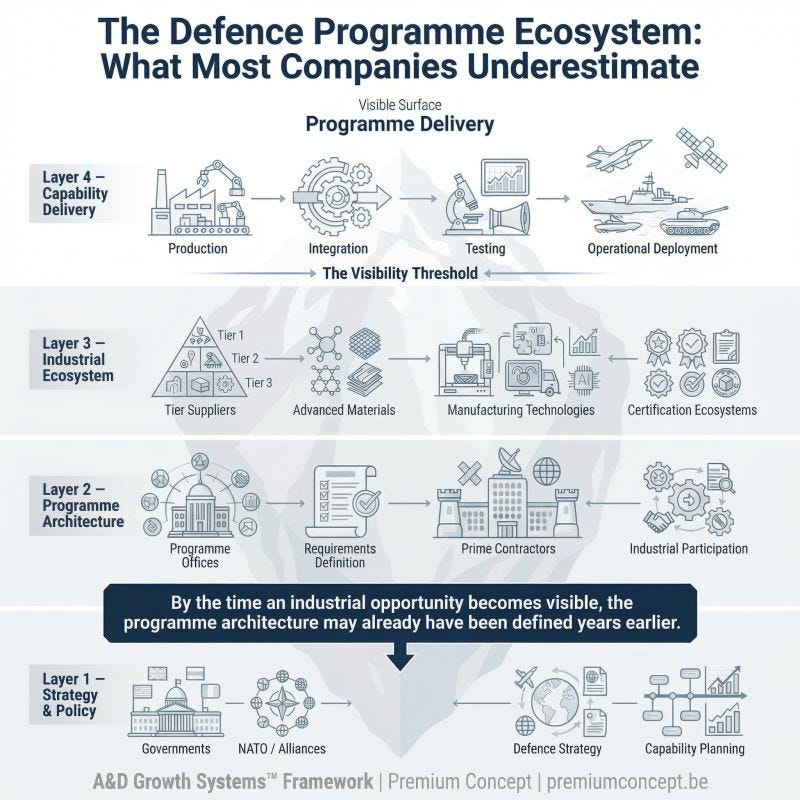 Infographic of the defence programme ecosystem showing how strategy, programme architecture and industrial capabilities shape visible programme delivery.