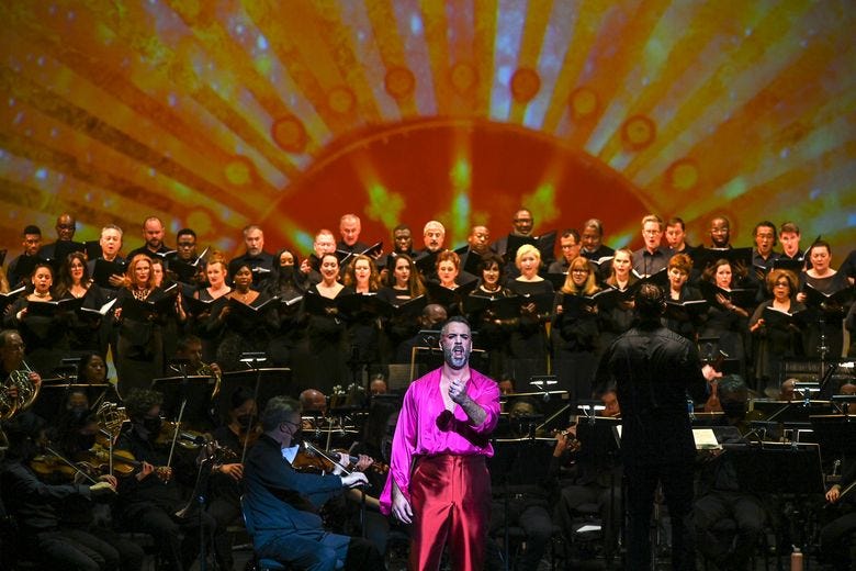 The Washington National Opera performs “Come Home: A Celebration of Return,” inspired by Justice Ruth Bader Ginsburg, at the Kennedy Center in Washington, Nov. 4, 2021. The opera company decided on Friday to move its performances out of the Kennedy Center for the Performing Arts, abandoning the hall where it has played since 1971 in perhaps the largest artistic rebuke yet to President Donald Trump’s campaign to remake the Kennedy Center in his image. (Kenny Holston/The New York Times)