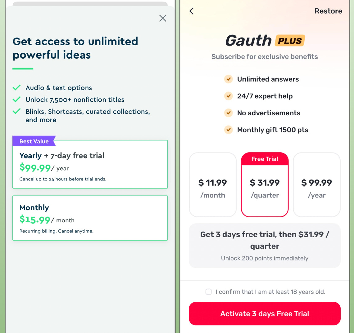 Mobile Plan screen offering mulitple plans and trials