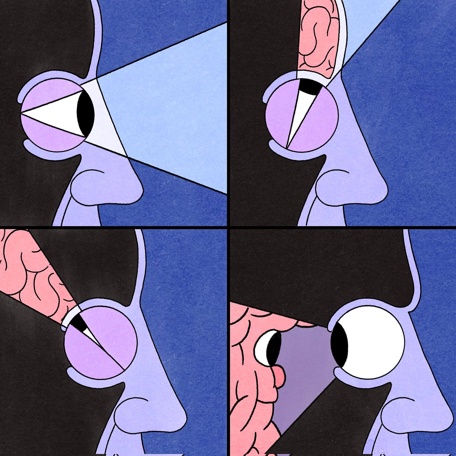 Ilustração quadrada dividida em 4 quadros. No primeiro quadro, uma face em perfil olhando para frente. No segundo, a mesma face olha para cima enxergando o seu cérebro. No terceiro, os olhos se voltam para trás enxergando seu cérebro novamente. No quarto, a face percebe que o cérebro a está encarando de volta.