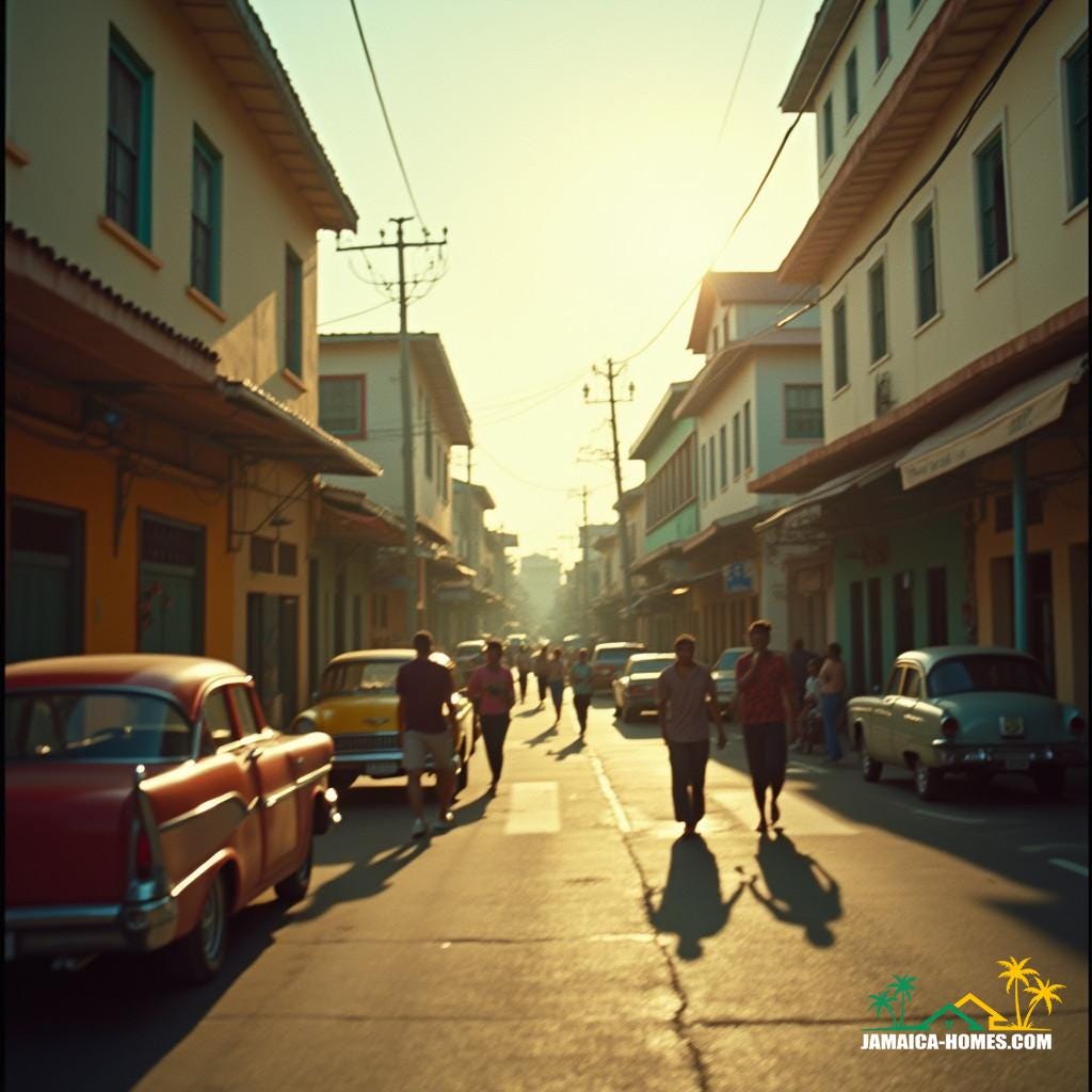 Bustling modern city block in Kingston, Jamaica, Caribbean, with vibrant street life and colorful architecture, warm golden light casting long shadows