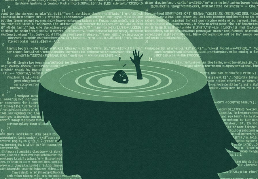 A sage green illustration of a person lost in thought, with a drowning figure inside their head and faint computer code in the background.