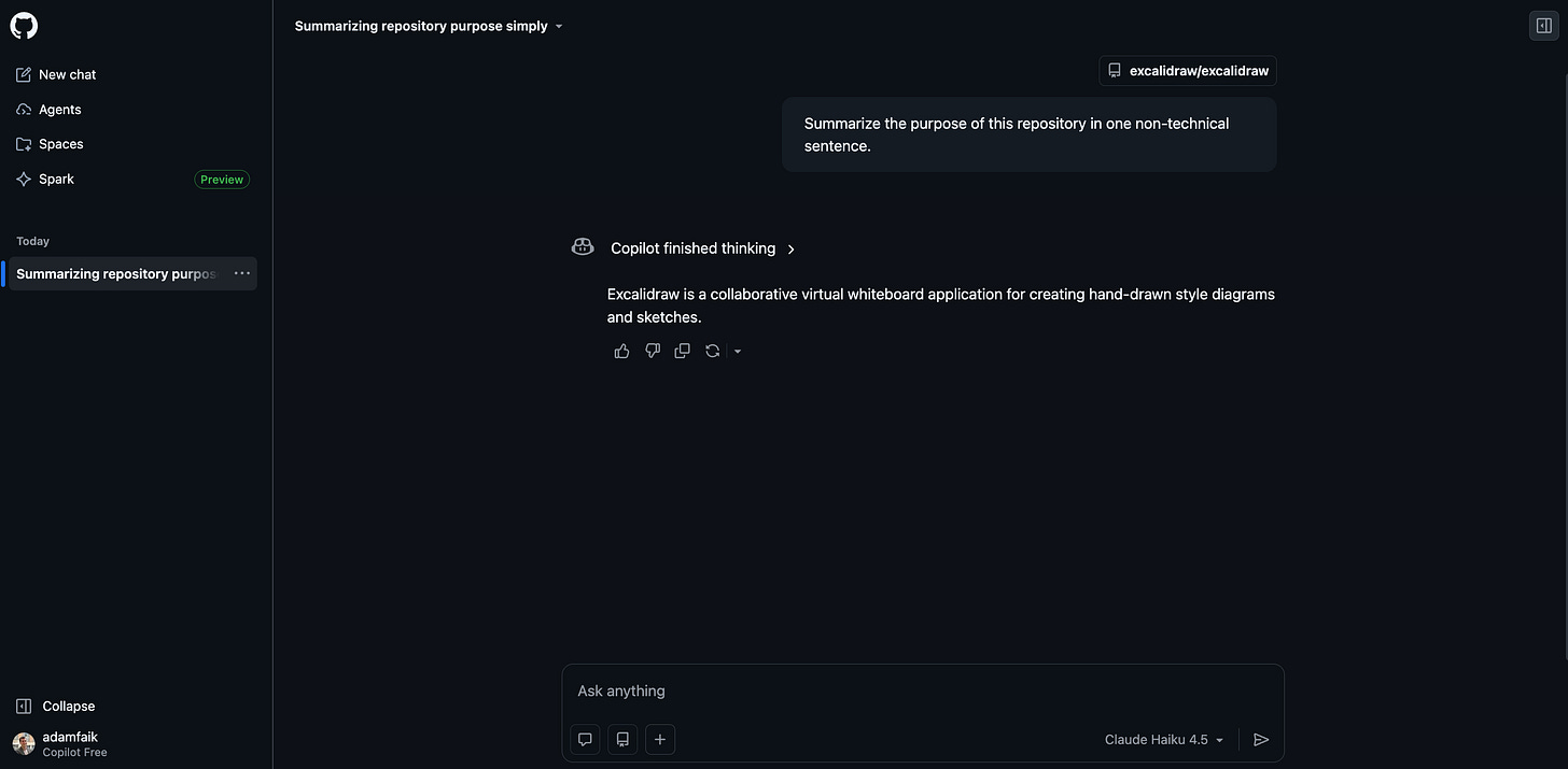Screenshot of the GitHub Copilot chat interface showing a summary of the Excalidraw project.