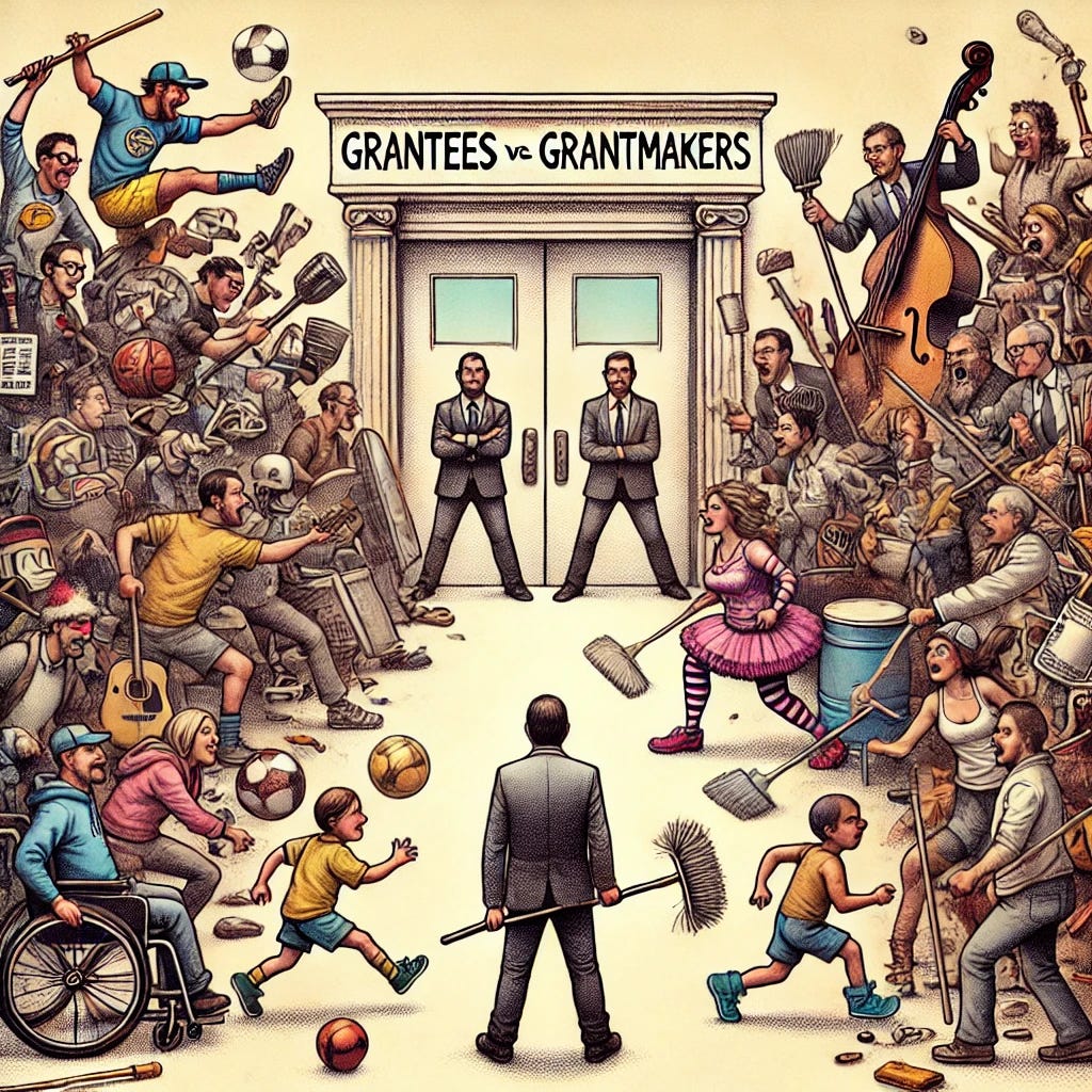 A humorous and chaotic standoff scene representing the tension between grantees and grantmakers. On one side, grantees are surrounded by chaotic elements like sports equipment, musical instruments, people with broken legs, kids running around, and individuals carrying buckets and mops. There is even a clown walking through, adding to the sense of disorder. On the other side, a group of serious-looking people in suits, representing grantmakers, stand calmly in a standoff, unfazed by the chaos. The contrast between the two sides should be stark, with the scene feeling lively and comedic but with a serious undertone of conflict. Leave a large blank space at the top, more than a third of the image horizontally, for a title.