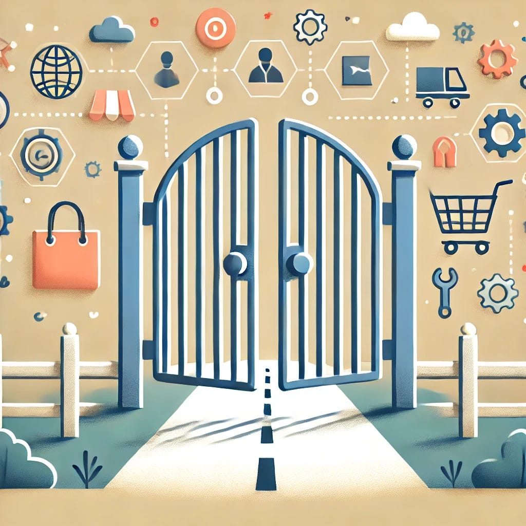 An illustration of a low barrier to entry in business, symbolized by a simple, inviting open gate on a flat, easily accessible path leading to opportunities. The path is surrounded by elements representing various industries, such as technology, retail, and services, with icons like computers, shopping carts, and tools. The overall color scheme is bright and welcoming, emphasizing accessibility and ease of entry.