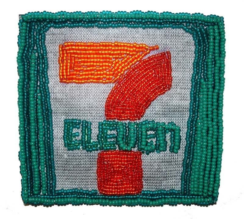 Bead embroidered 7 Eleven pop art beaded Boston trolley MBTA T train citgo gas station sign seed beads