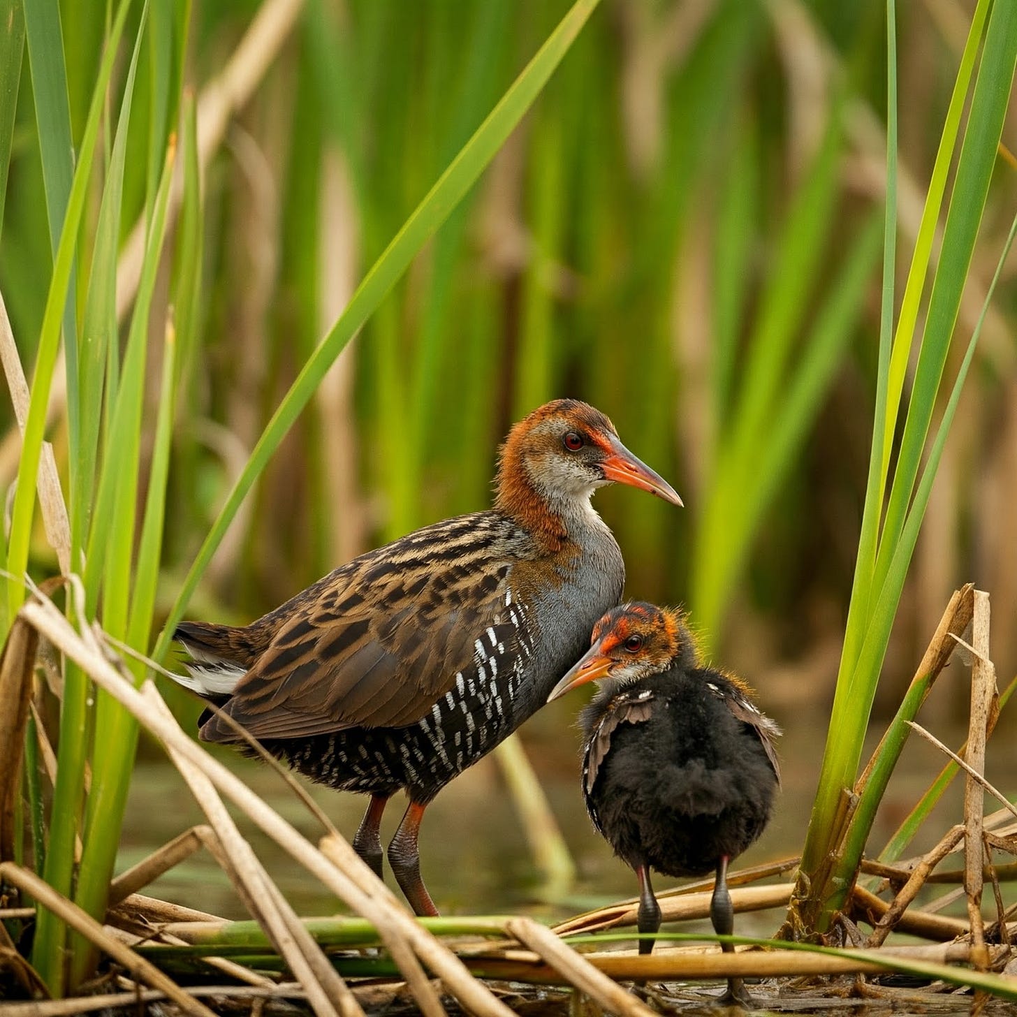 Photo of young black rails in a Louisiana wetland marsh hidden by cord grasses Photo of young black rails in a Louisiana wetland marsh hidden by cord grasses