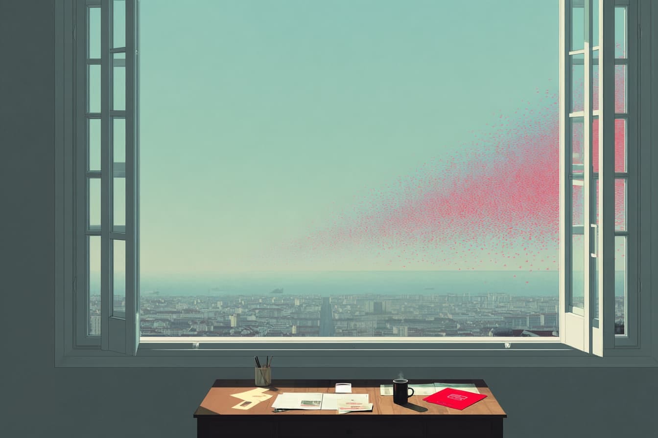illustration of a desk in front of a wide open window with a cityscape in the background