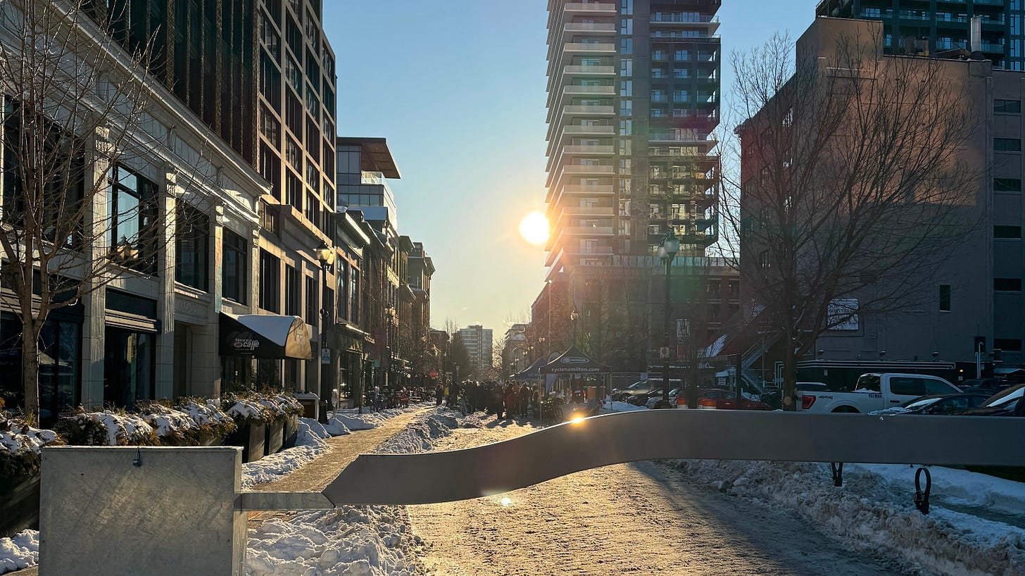 Winter Bike Day on King William Street on February 14, 2025 - the street was closed off utilizing last year’s Wood Gate installation