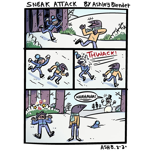 The kid is chasing the crow with two snowballs. They are outside in the snow with winter clothes on.  Suddenly, a snowball comes out of nowhere and hits the kid. The kid falls on the snow while the crow looks over to see a cackling snowman, who evidently threw the snowball at the kid. 