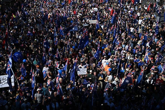 Protesters during the March for Australia anti-immigration rally in Sydney, Sunday, August 31, 2025. (AAP Image/Dean Lewins) NO ARCHIVING