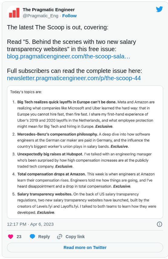 The Pragmatic Engineer @Pragmatic_Eng The latest The Scoop is out, covering: Read "5. Behind the scenes with two new salary transparency websites" in this free issue: https://blog.pragmaticengineer.com/the-scoop-salary-transparency/ Full subscribers can read the complete issue here: https://newsletter.pragmaticengineer.com/p/the-scoop-44 The Pragmatic Engineer @Pragmatic_Eng The latest The Scoop is out, covering: Read "5. Behind the scenes with two new salary transparency websites" in this free issue: https://blog.pragmaticengineer.com/the-scoop-salary-transparency/ Full subscribers can read the complete issue here: https://newsletter.pragmaticengineer.com/p/the-scoop-44