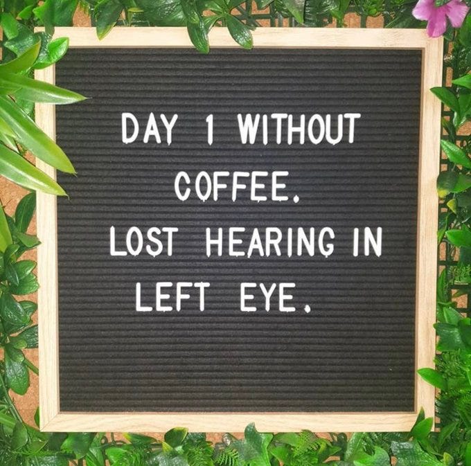 Black felt letter board framed with green leaves and purple flowers displays white letters spelling Day 1 without Coffee. Lost hearing in LEFT EYE. with emphasis on LEFT EYE.