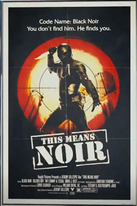 Archived promotional material for Black Noir. Subject is depicted holding a combat knife while standing inside a targeting reticle. Vought marketing slogan reads: “You don’t find him. He finds you.” Material emphasizes mystery, violence, and military competence as heroic traits. Archived promotional material for Black Noir. Subject is depicted holding a combat knife while standing inside a targeting reticle. Vought marketing slogan reads: “You don’t find him. He finds you.” Material emphasizes mystery, violence, and military competence as heroic traits.