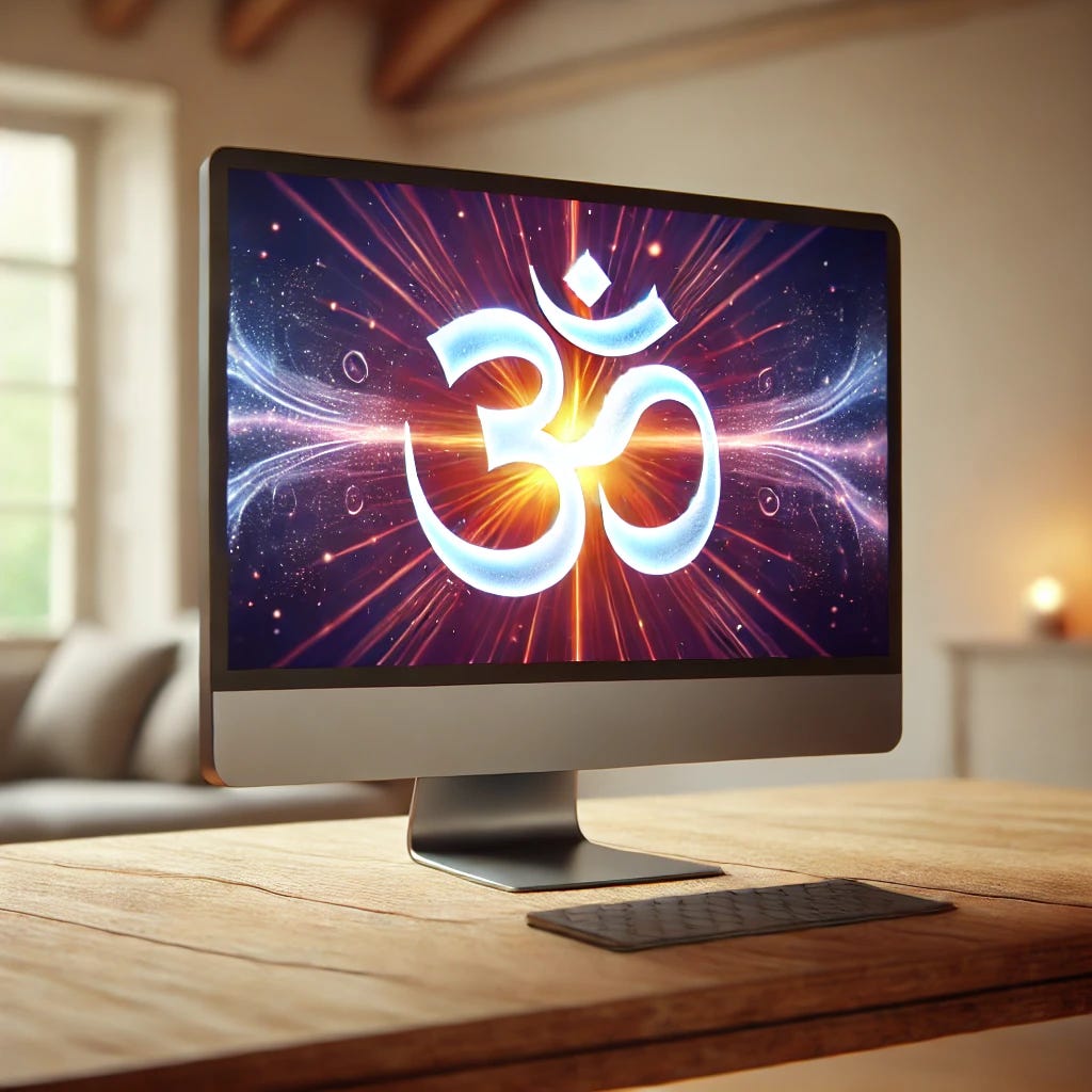 A modern desktop computer on a wooden desk with a glowing OM symbol displayed on the screen. The OM symbol is centered, vibrant, and emits a subtle aura of light. The background features a minimalistic and peaceful room setting, with soft natural light coming through a nearby window.
