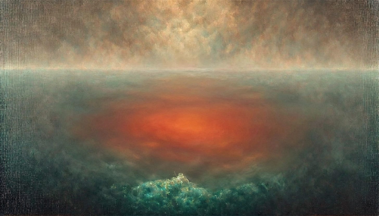 A digital painting depicting a dark, atmospheric teal ocean with a glowing, pressurized orange fire burning beneath the surface, symbolizing Mars in Pisces A digital painting depicting a dark, atmospheric teal ocean with a glowing, pressurized orange fire burning beneath the surface, symbolizing Mars in Pisces