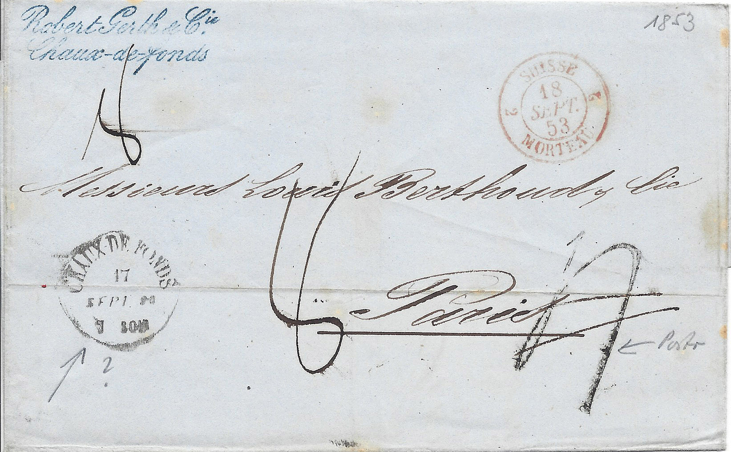 1853 folded letter from Switzerland to France