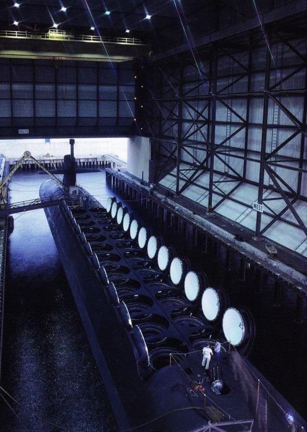 r/submarines - An Ohio-class SSBN with her 24 missile hatches open r/submarines - An Ohio-class SSBN with her 24 missile hatches open
