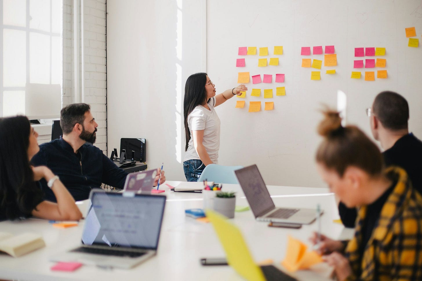 An image demonstrating 5 people of diverse backgrounds around a table, facing a whiteboard with stickies, brainstorming.
