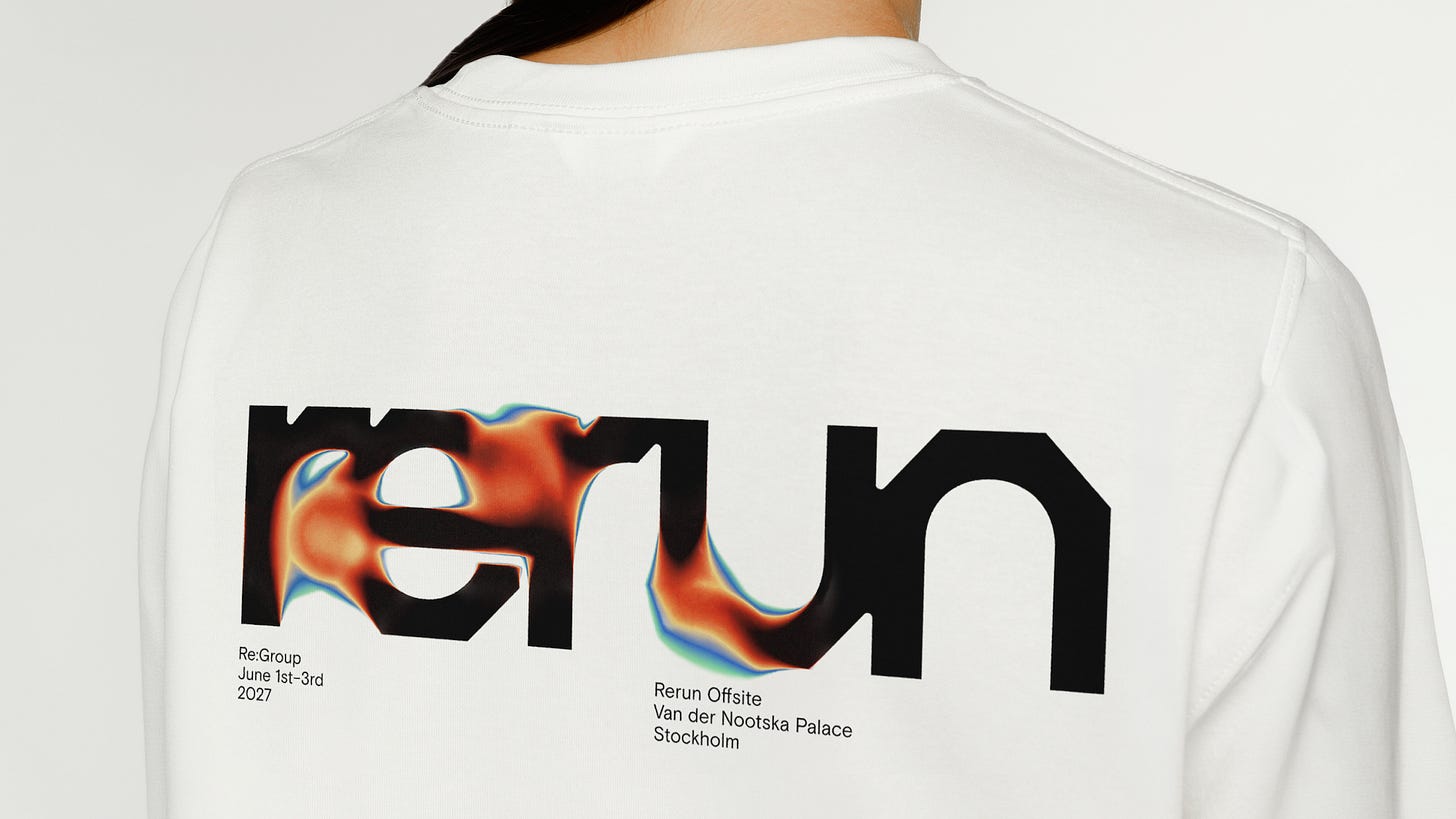 STUDIO GRUHL RERUN brand identity design bpo review logo wordmark t shirt merch