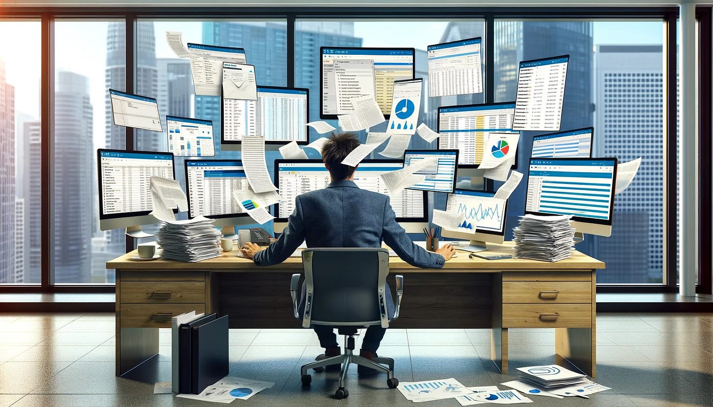 Stressed individual in a modern office setting, surrounded by multiple computer screens displaying various tasks such as emails and reports. Papers are scattered across the desk, symbolising the overwhelming nature of multitasking in a hectic work environment.