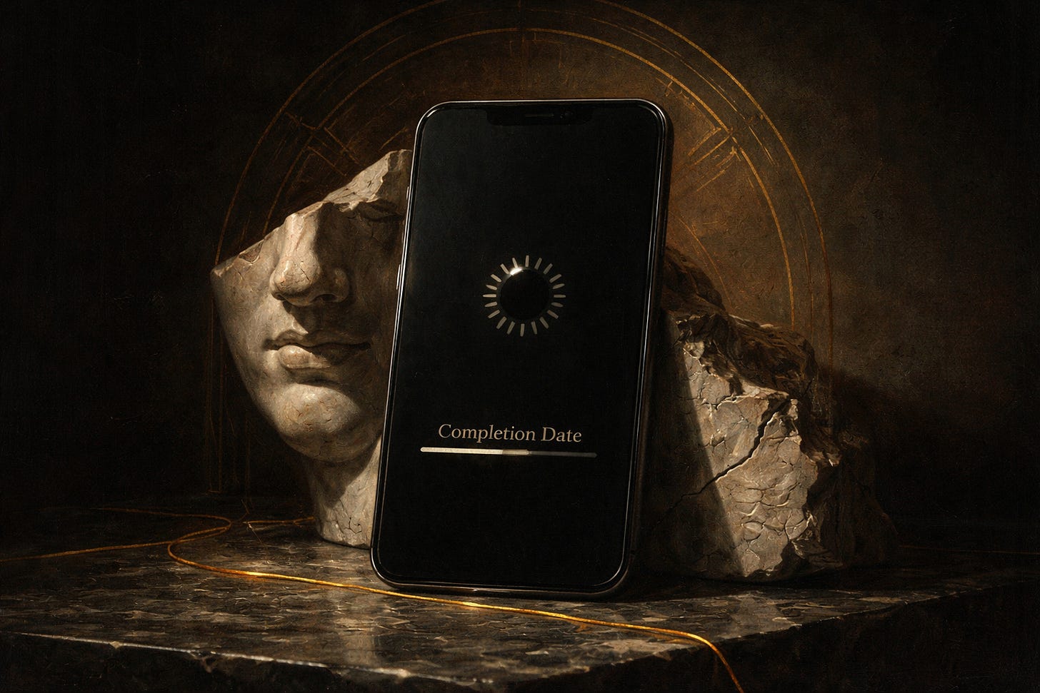 Oil-painted iPhone displaying an endless loading symbol, leaning against a cracked marble bust, with a thin gold thread trailing across dark marble under dramatic shadowed light. Oil-painted iPhone displaying an endless loading symbol, leaning against a cracked marble bust, with a thin gold thread trailing across dark marble under dramatic shadowed light.