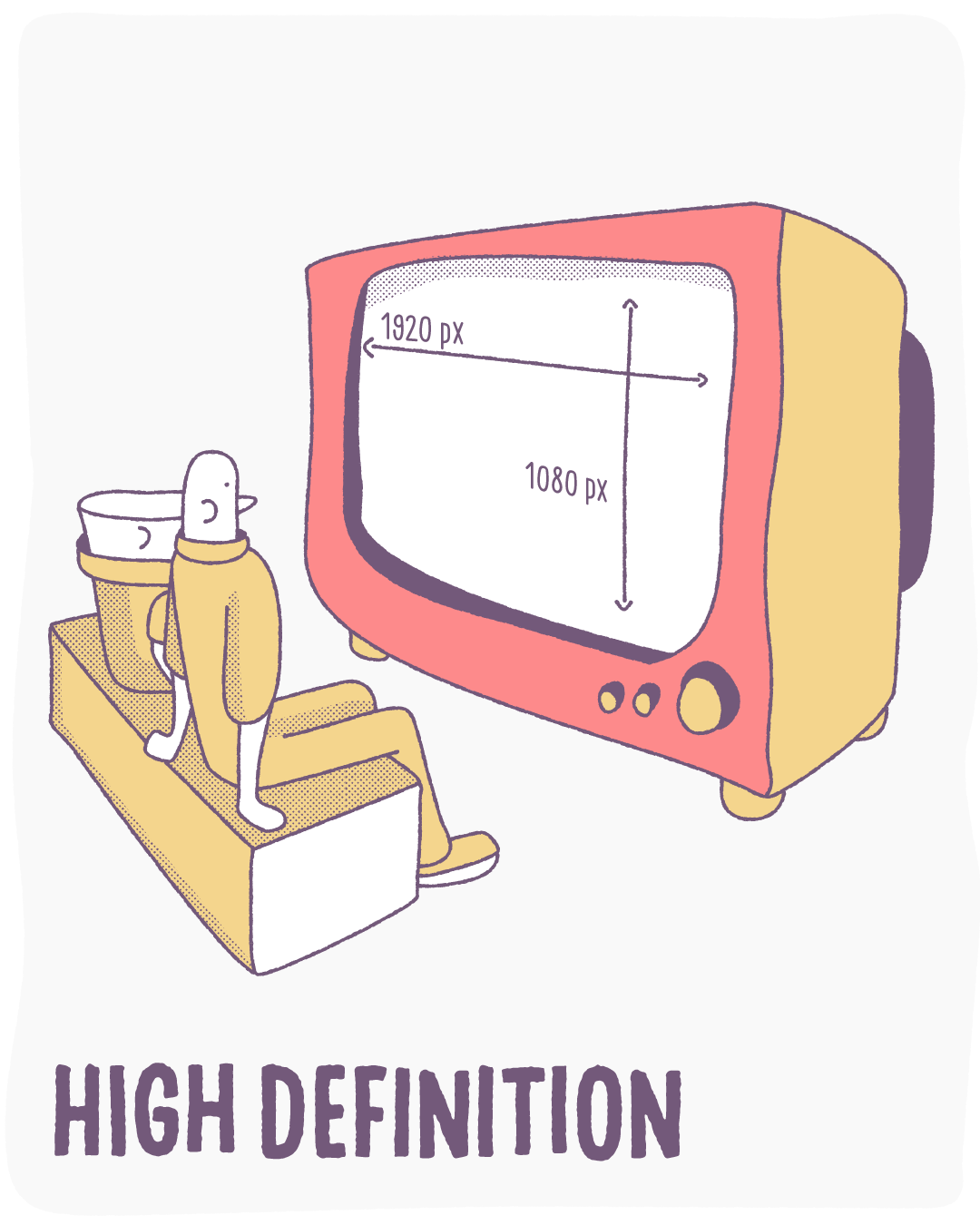 Illustration of two characters watching a television with the dimensions marked on the screen indicating 1920 by 1080. The caption reads high definition.