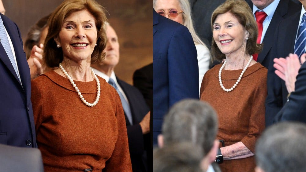 Laura Bush Wears Rust Dress & Pearls for Trump's Inauguration 2025