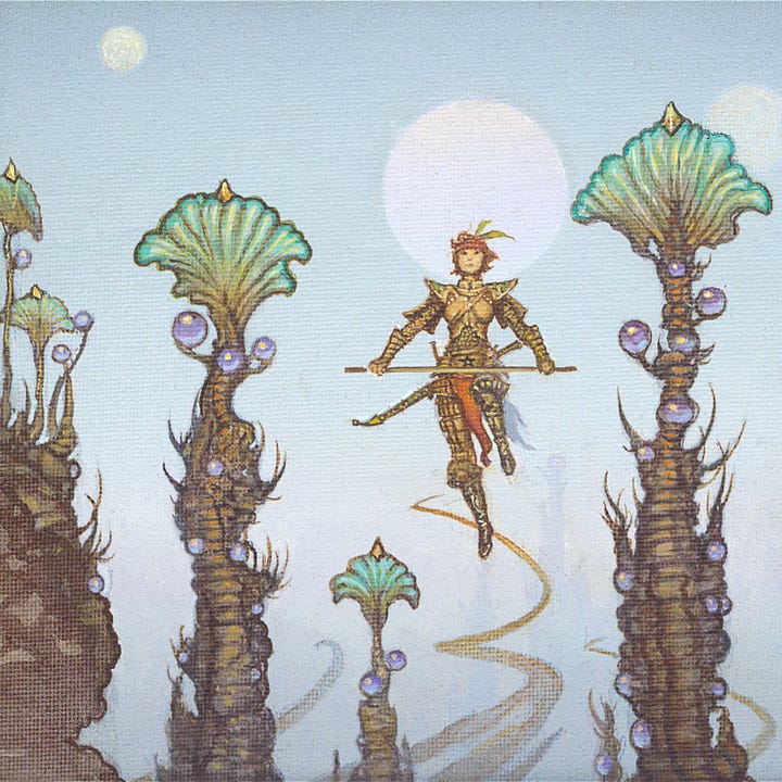 LEFT: Detail from WARDEN OF THE CANYON featuring a figure in bronze armor hovering between earthy spires, each blooming a single fanned leaf at its peak. Three full moons of varying size hang in the sky. Up and down the spires nestle seeds in the shape of perfect blue and purple spheres, gleaming like dew drops. RIGHT: Figure detail from WARDEN OF THE CANYON featuring a figure in bronze armor hovering with her knee raised. She holds a staff in front of her with hands gripped wide. A long sword is sheathed low on her back with the handle of another shorter blade crossing on the other hip. Pauldrons flare wide with chainmail showing over her arms and at the midsection for flexibility. A green star decorates her belt.