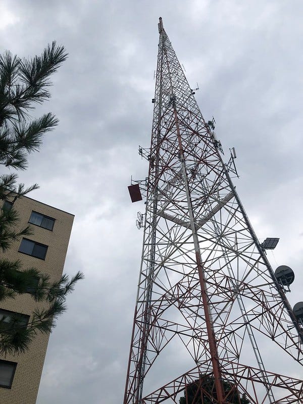 Giant transmission tower on Shiloh Street - not really hidden by trees.
