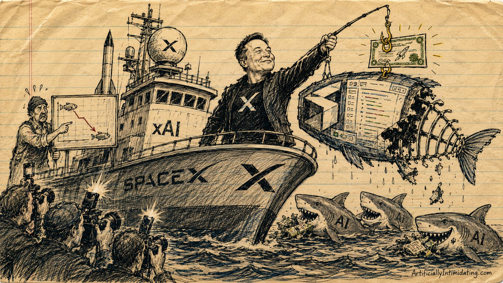 AI-generated editorial cartoon in a hand-drawn sketch style showing Elon Musk on a SpaceX-themed fishing boat proudly displaying a giant Cursor-shaped fish, while the fish is already half skeleton and Anthropic-themed sharks swim nearby carrying away pieces, illustrating concerns that SpaceX paid $60 billion for a declining AI coding platform.