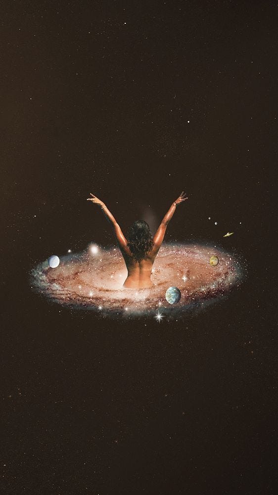 naked women in the cosmos from the back as the center of the universe with the planets around her