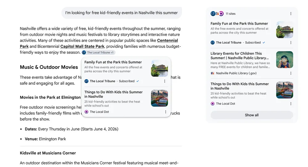 A screenshot of a search result page on a mobile device showing a user's query for "free kid-friendly events in Nashville this summer" and various article snippets related to summer events, music, outdoor movies, and library activities.