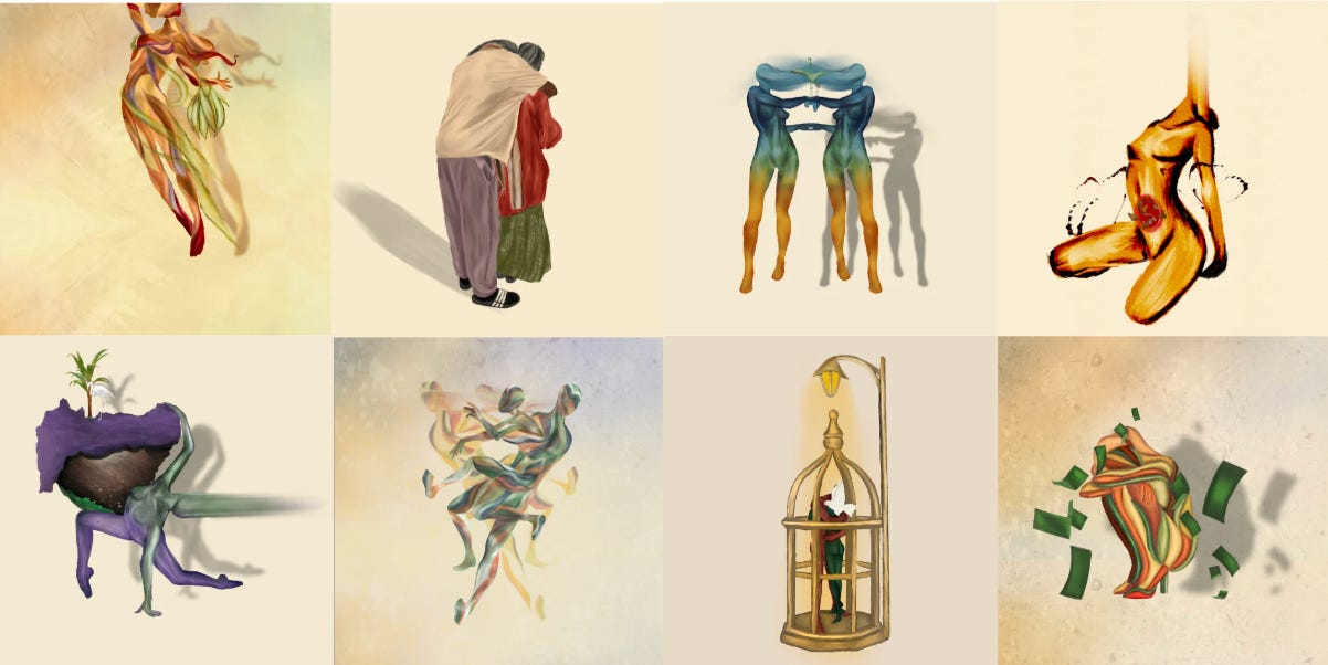 Eight works from Body Language by Mahima Chaudhury, figures embracing, dancing, and carrying what they hold