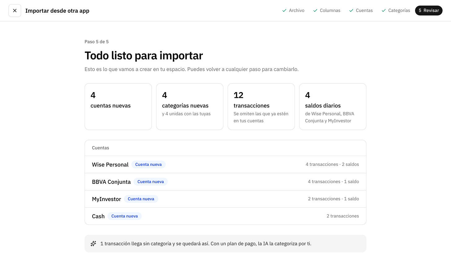 Revisión antes de importar: cuentas nuevas, categorías nuevas, transacciones y saldos diarios