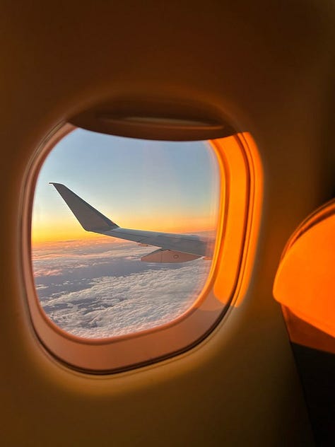 Photos looking out plane windows with a view of the clouds and the plane's wing.
