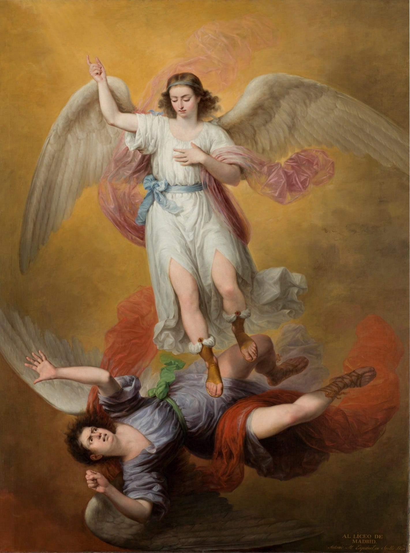 An armoured archangel with raised arm drives a nude, dark-winged Lucifer down through clouds, Lucifer falling backwards, his face turned up in anger.