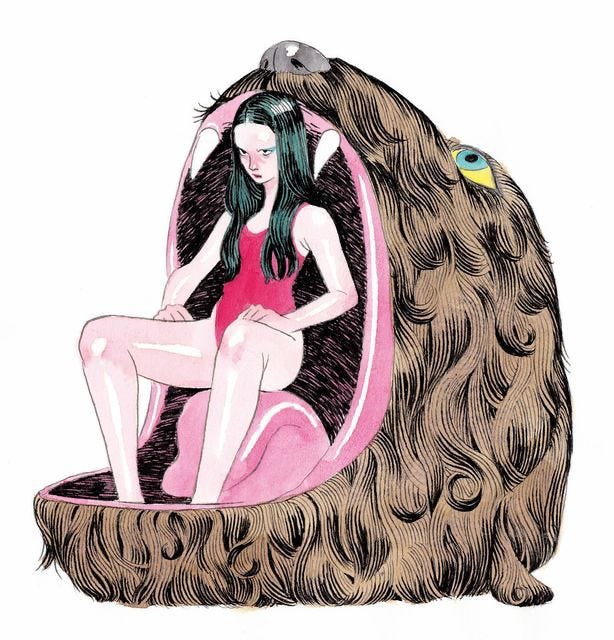 Illustration of a figure with long dark hair wearing a red swimsuit or leotard, sitting inside a large dog’s mouth. The expression on the figure’s face can be summed up as “pissed.” Illustration of a figure with long dark hair wearing a red swimsuit or leotard, sitting inside a large dog’s mouth. The expression on the figure’s face can be summed up as “pissed.”