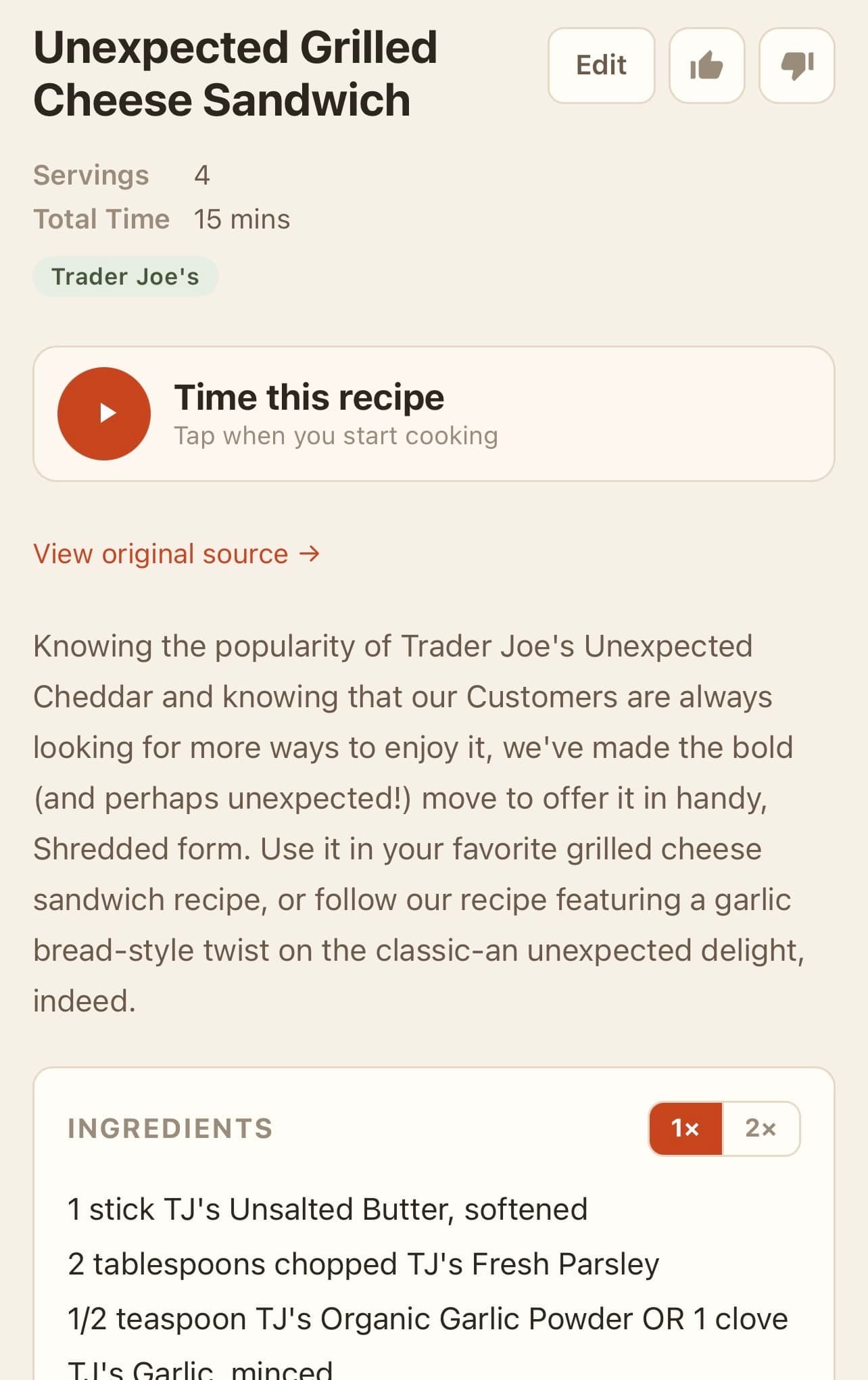 Screen shot of the "Time this recipe" button Screen shot of the "Time this recipe" button