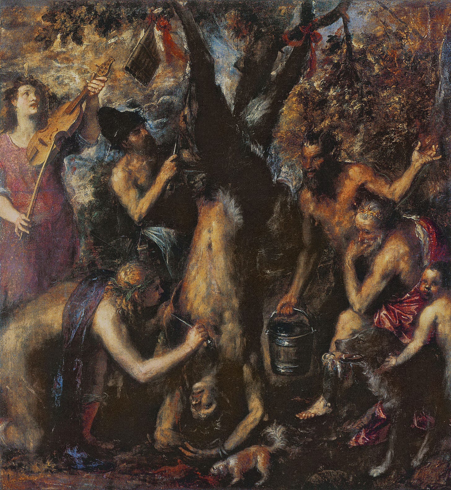 A satyr hangs upside down from a tree while figures flay him with knives, a dog laps at the blood and an old man watches, chin in hand. A satyr hangs upside down from a tree while figures flay him with knives, a dog laps at the blood and an old man watches, chin in hand.