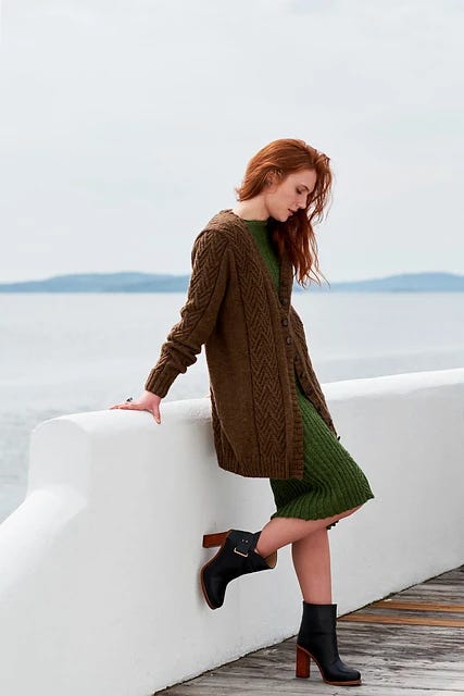 Green knit dress and brown knit sweater
