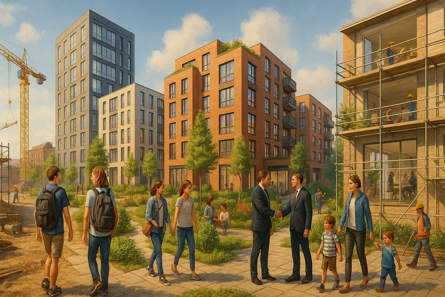 A busy building site, with different people walking around.