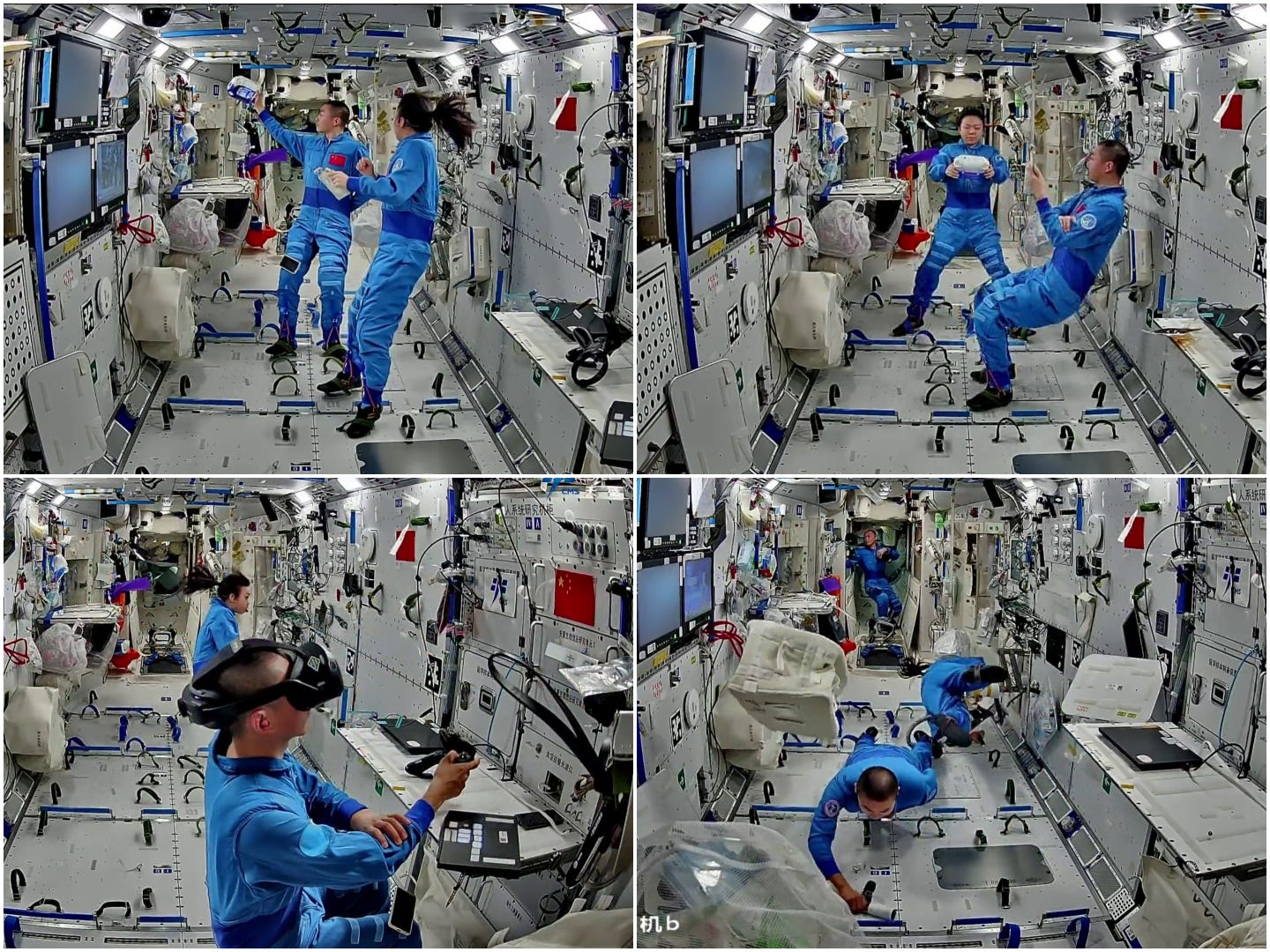Li Jiaying and Zhang Zhiyuan assisting with research for Xiao Hang (top), Zhu Yangzhu participating in a virtual reality experiment (bottom left), and the Shenzhou-23 crew cleaning the orbiting laboratory (bottom right). Li Jiaying and Zhang Zhiyuan assisting with research for Xiao Hang (top), Zhu Yangzhu participating in a virtual reality experiment (bottom left), and the Shenzhou-23 crew cleaning the orbiting laboratory (bottom right).