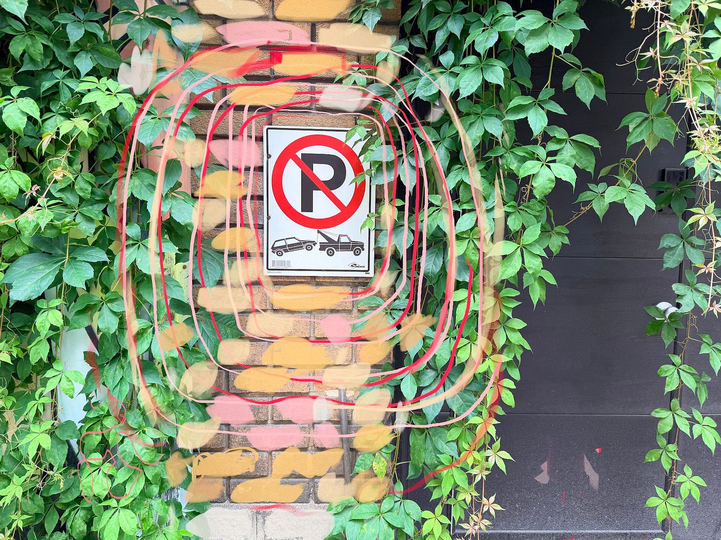 photo of no parking sign with tow truck towing car, plus ivy and doodles on top